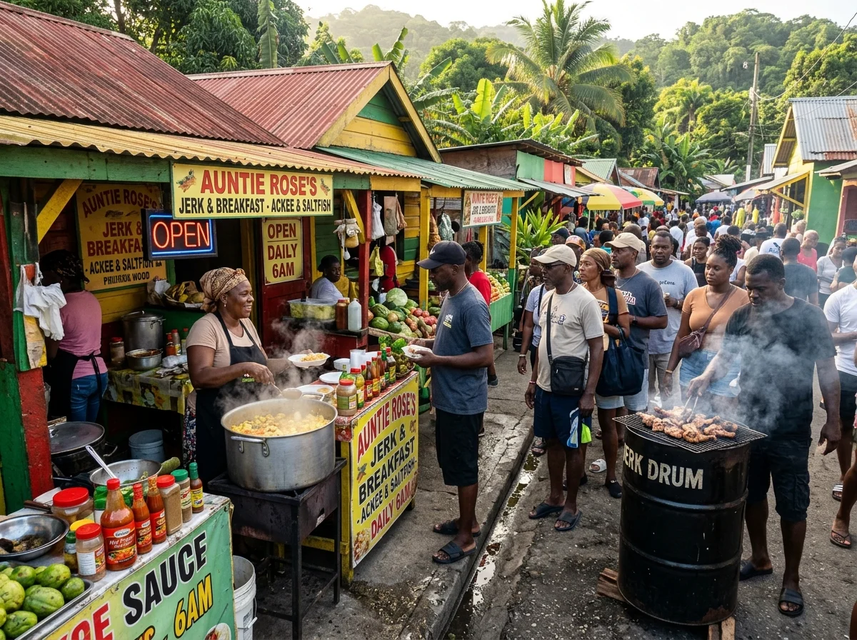 ジャマイカのストリートマーケットで朝食として提供されるアキー・アンド・ソルトフィッシュ