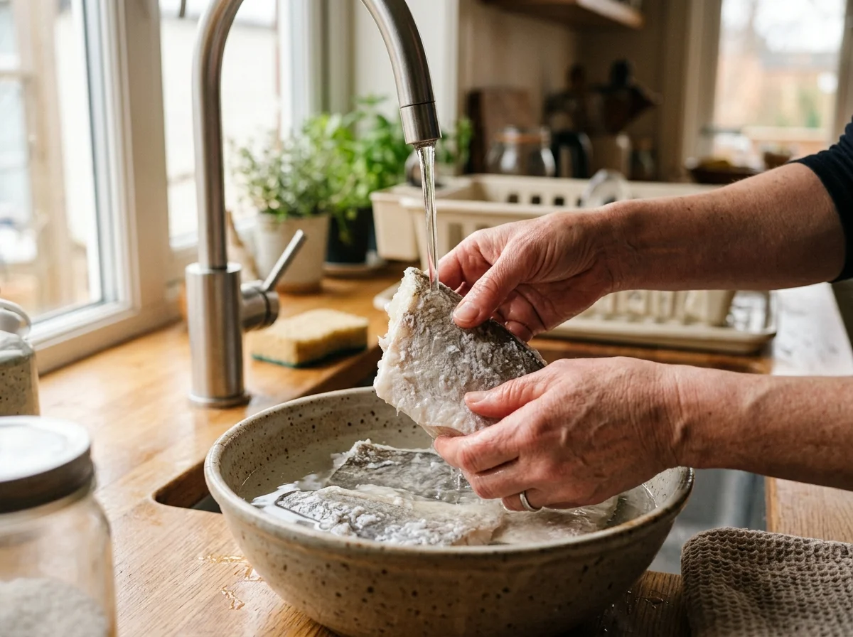 手順1: 塩タラの塩抜きをする（前日夜〜12時間）