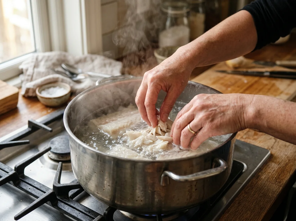 手順2: 塩タラを茹でてほぐす（15分）