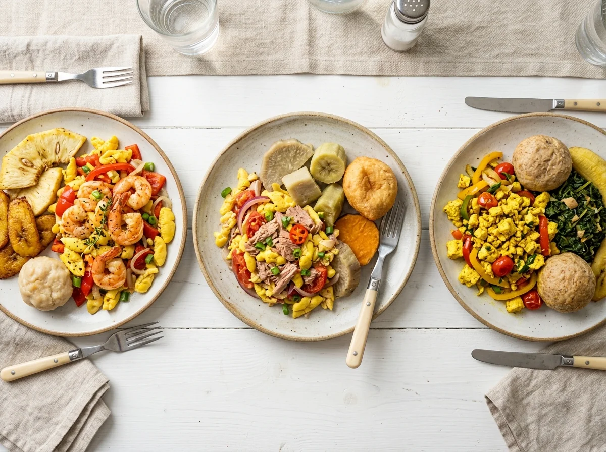 アキー・アンド・ソルトフィッシュのアレンジバリエーション。エビ版やベジタリアン版が並ぶ