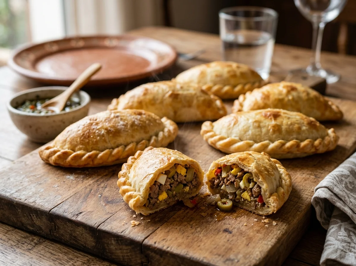 黄金色に焼けたアルゼンチンのエンパナーダが木のまな板に並んでいる