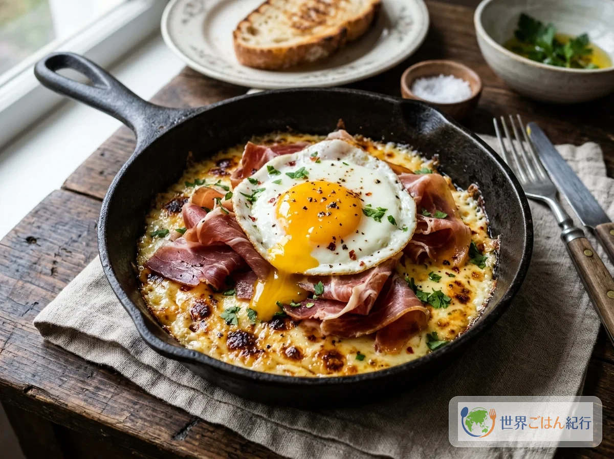 Provoleta con jamón crudo y huevo a medio cocer