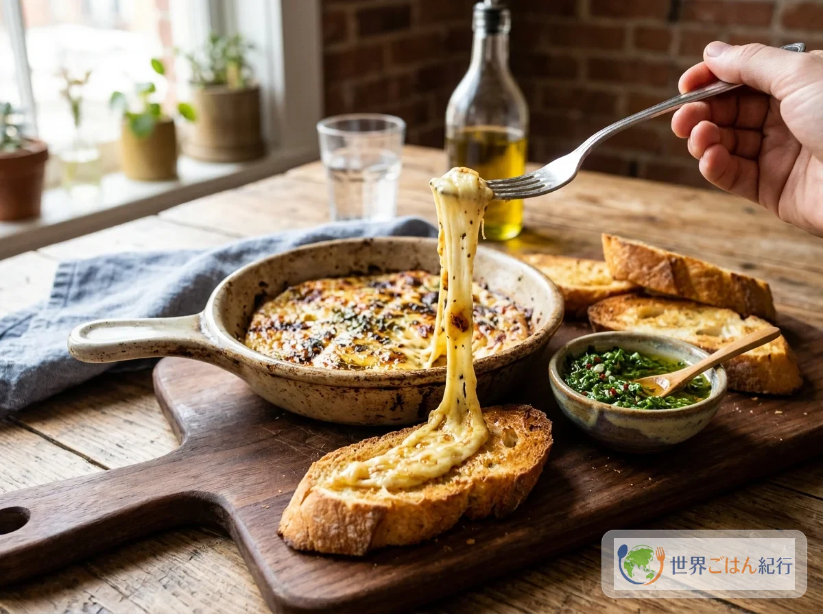 Foto final de la provoleta con baguette tostado y chimichurri