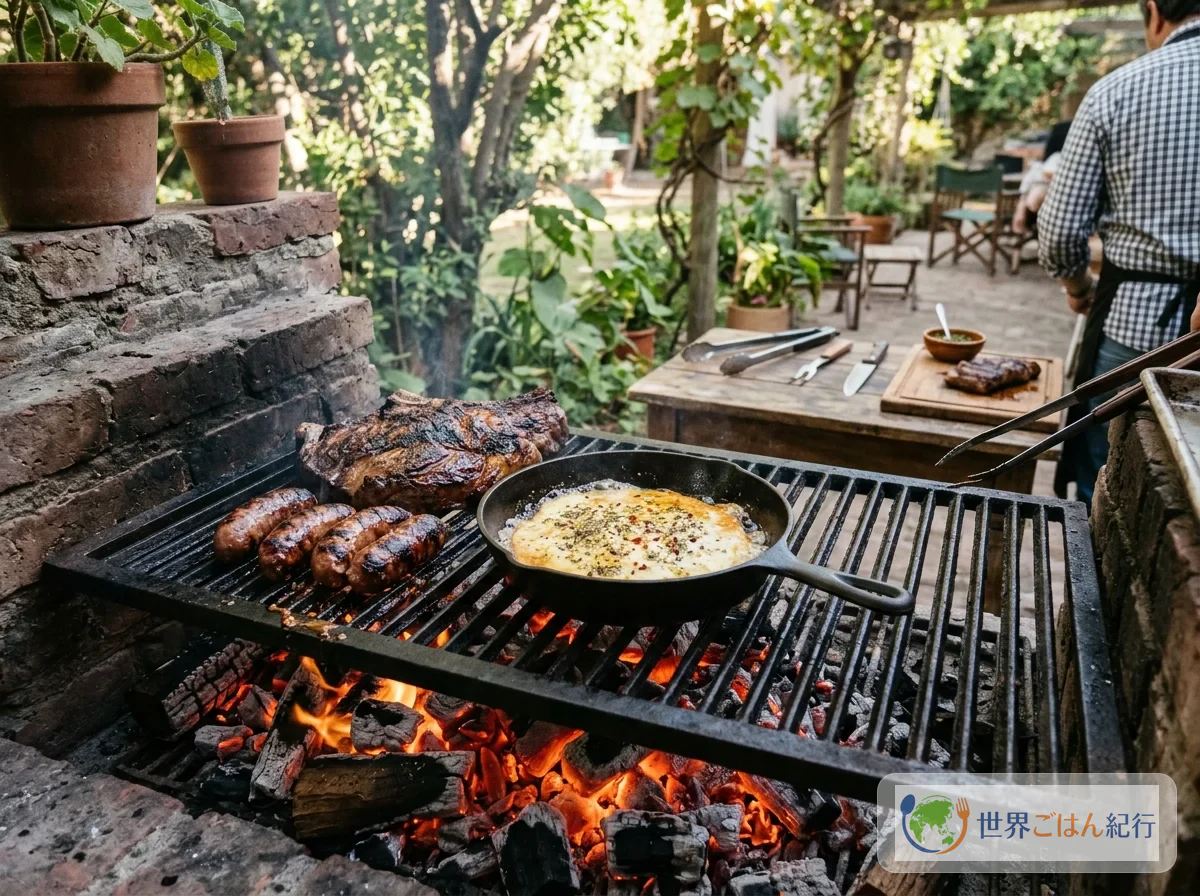 Provoleta asándose junto con la carne en la parrilla de un patio argentino