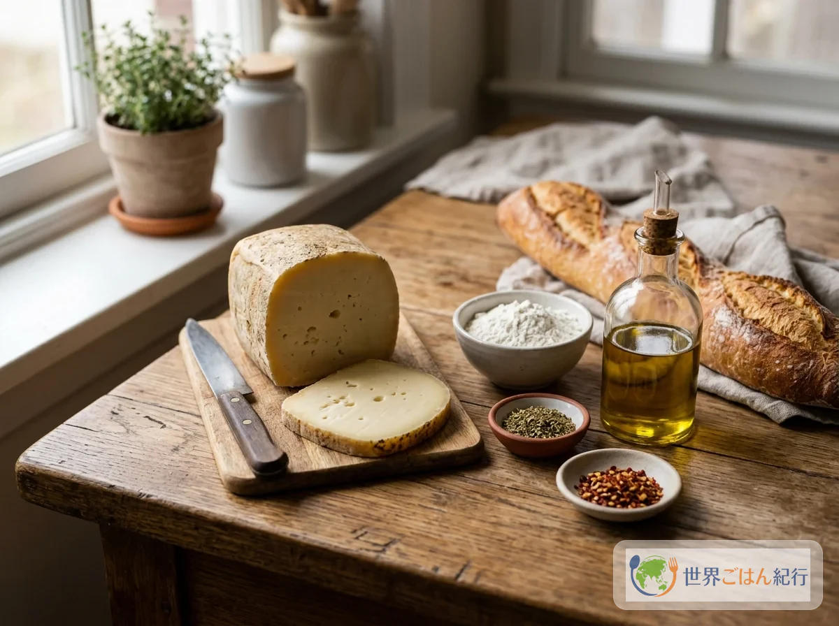 Ingredientes de la provoleta: provolone en rodaja gruesa, orégano seco, ají molido, aceite de oliva y baguette