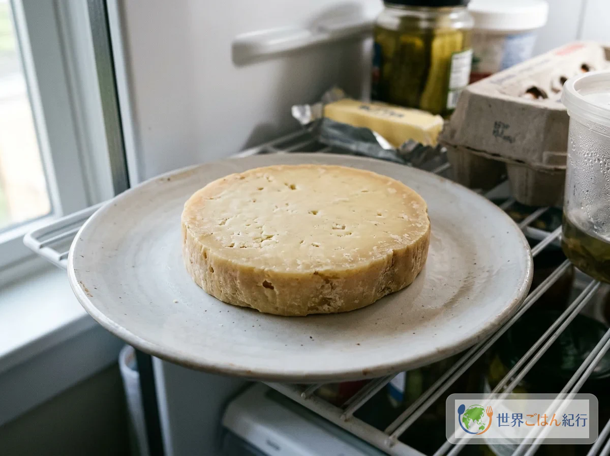 Provolone cortado en rodaja de 2 cm sobre un plato, secándose en el refrigerador