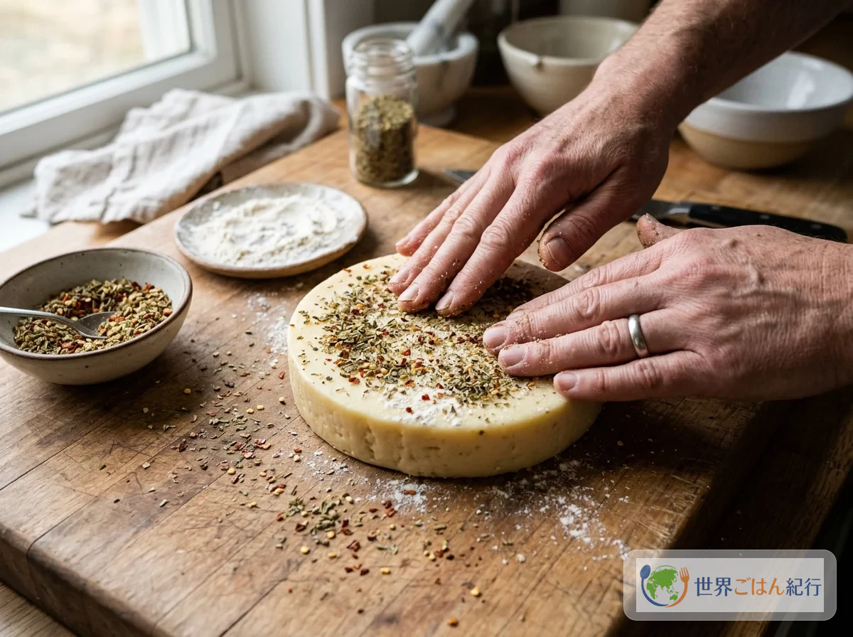 Frotar orégano y ají por ambos lados del provolone y enharinarlo