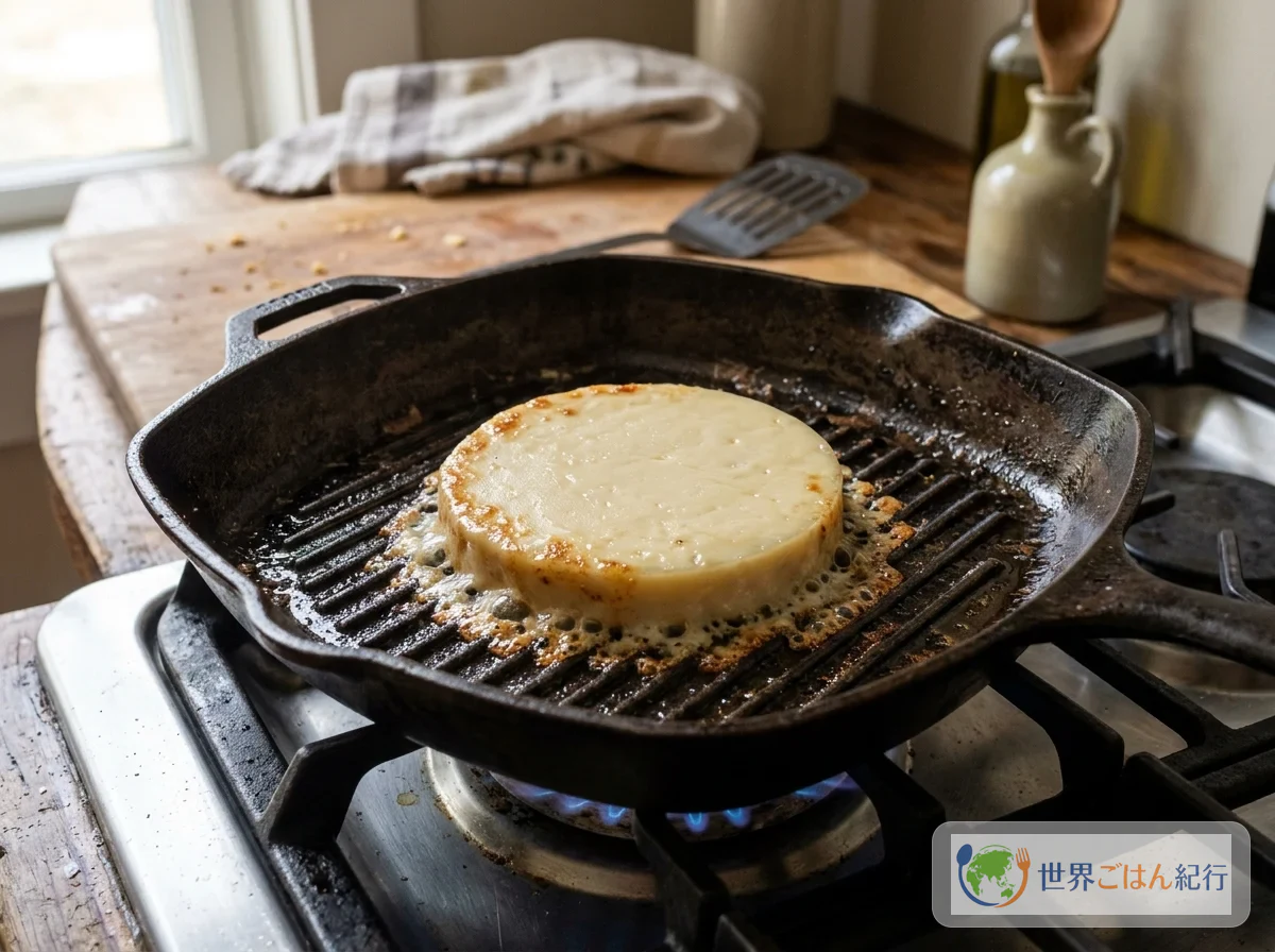 Asar un lado del provolone en la plancha sin moverlo