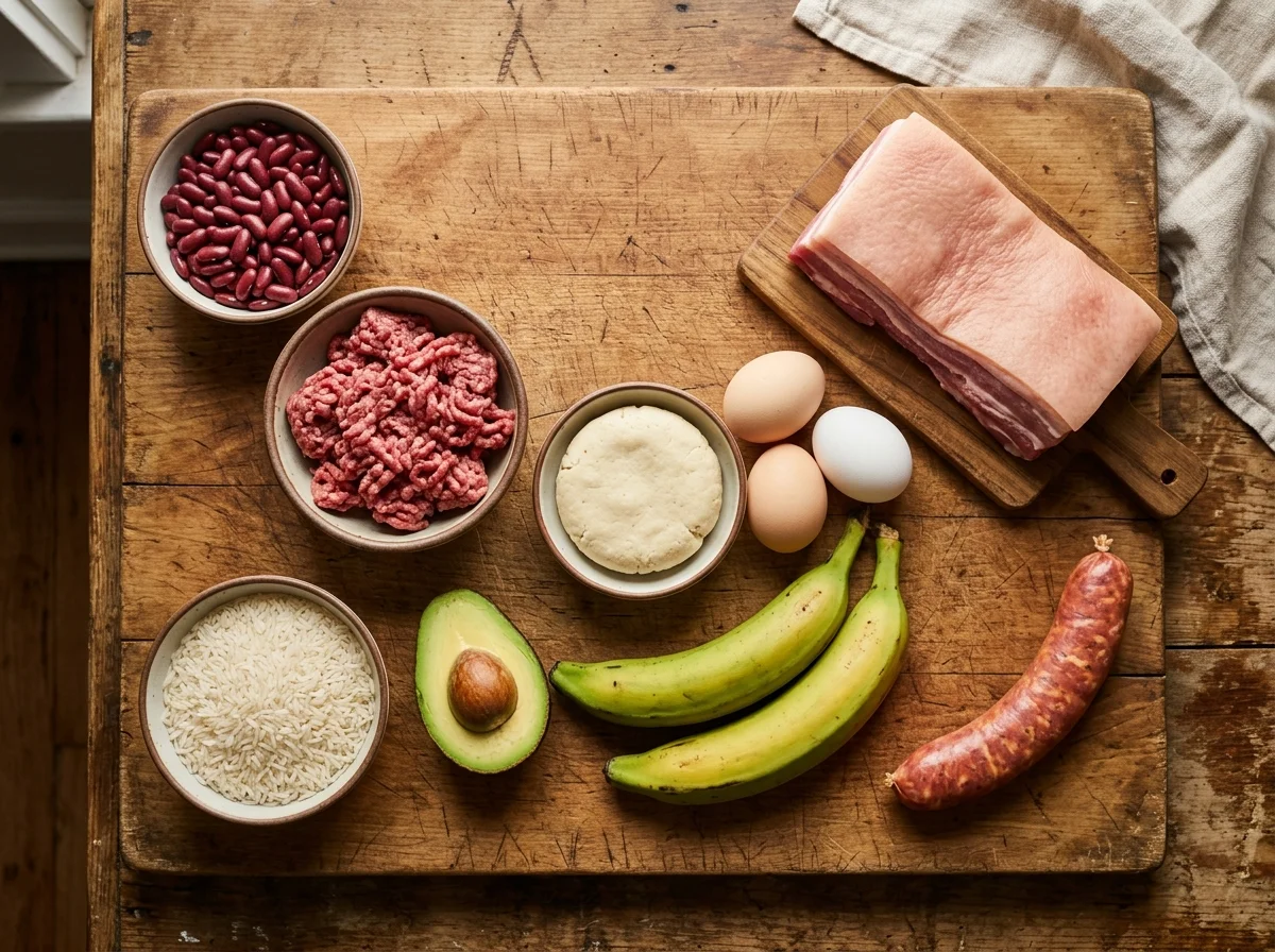 バンデハ・パイサの材料が並んでいる。豆、肉、卵、野菜、アボカドなど