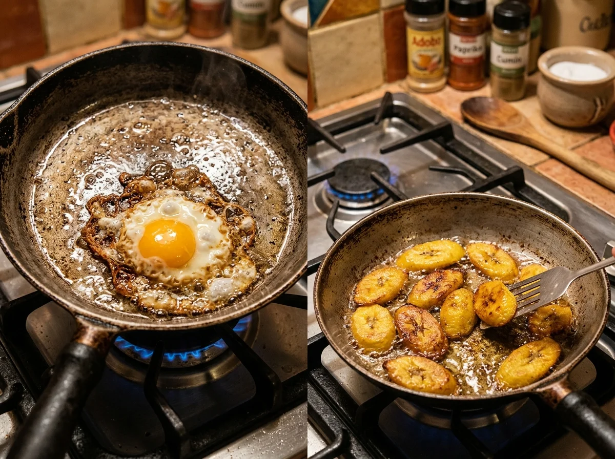手順4: 目玉焼きとプランテンを焼く（10分）