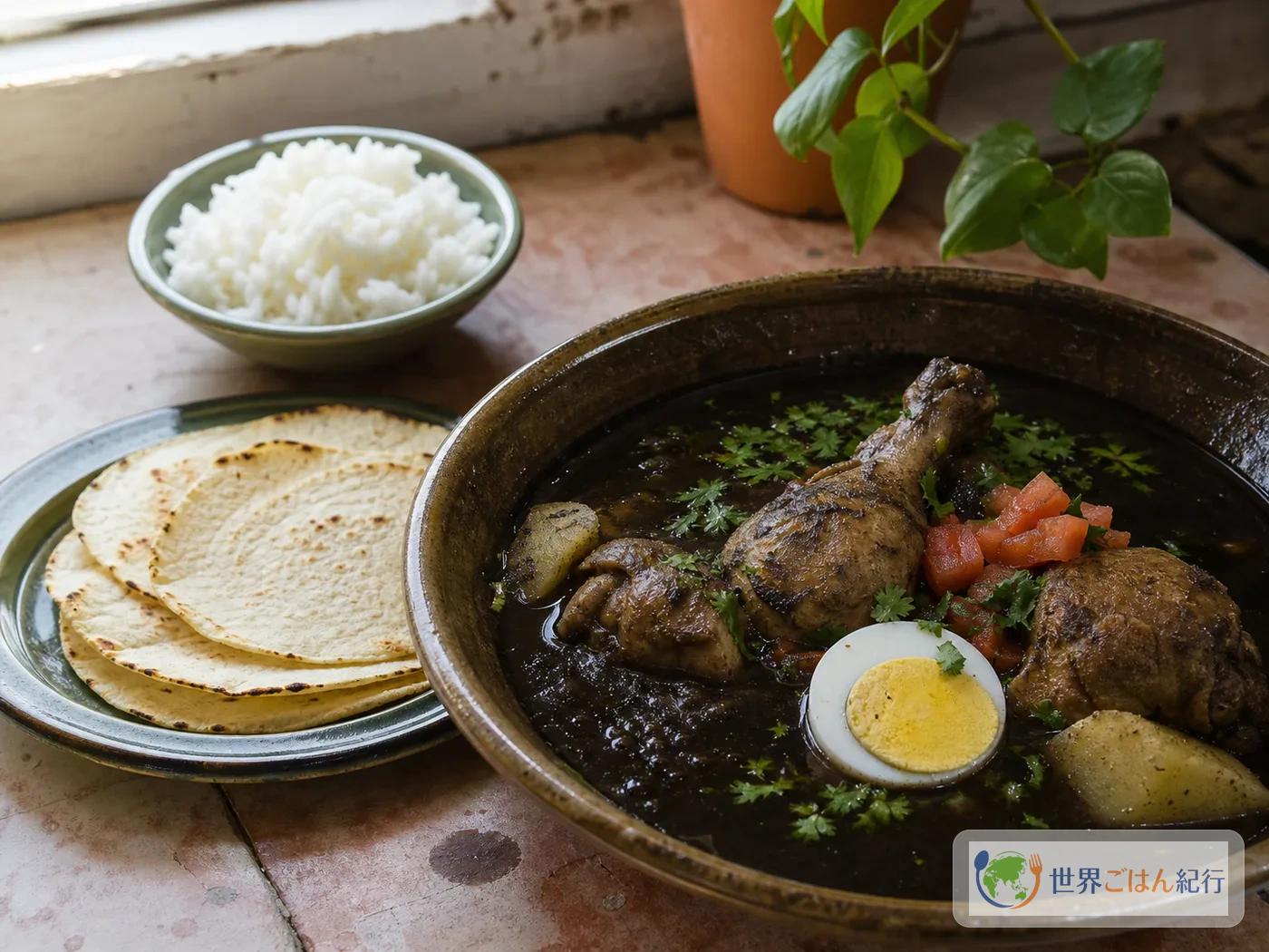 黒いスープに鶏肉、ゆで卵、じゃがいもを浮かべたベリーズのチモレ