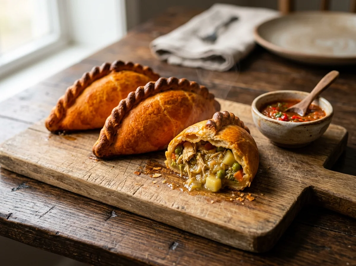 ボリビアのサルテーニャ。オレンジ色の艶やかな生地にスパイシーな肉汁スープが詰まった焼きエンパナーダ