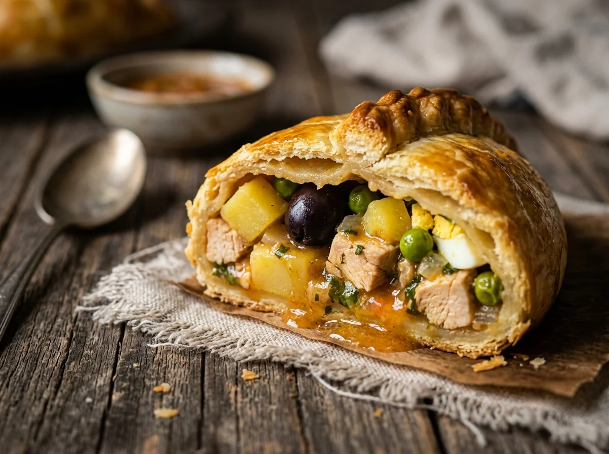 サルテーニャの断面。オレンジ色の生地の中にスープ状のフィリングが詰まっている