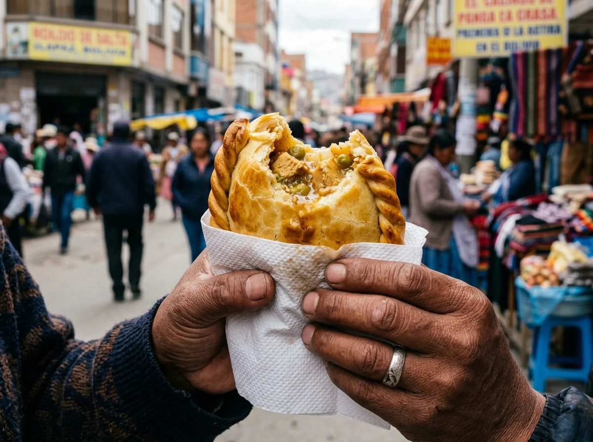 サルテーニャを手に持って食べる様子。紙ナプキンで包んでいる