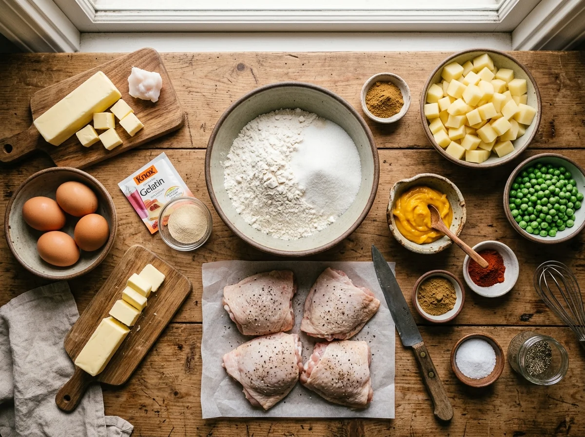 サルテーニャの材料。鶏肉、ジャガイモ、アヒ・アマリージョ、ゼラチン、スパイスが並ぶ