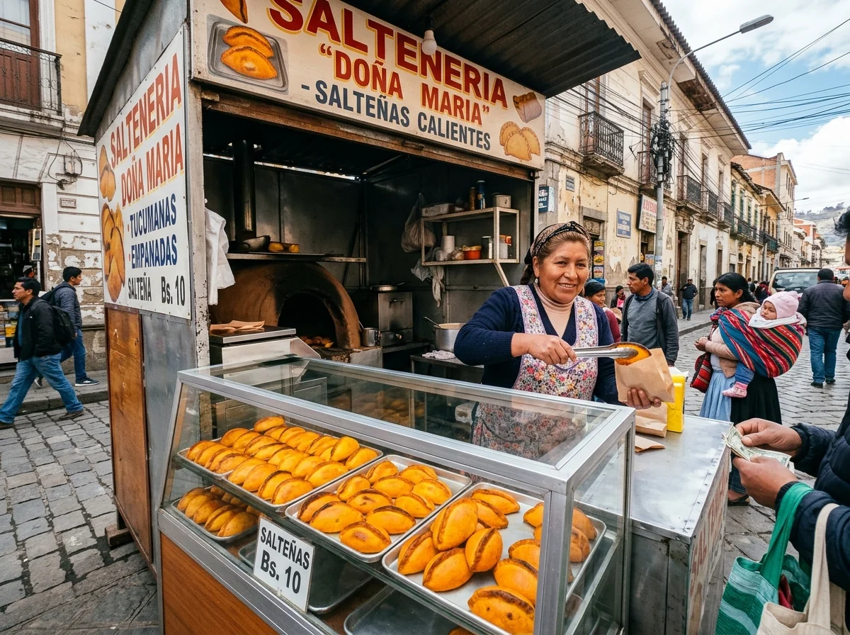 ボリビア・ラパスのサルテーニェリア。路上で焼きたてのサルテーニャが並ぶ