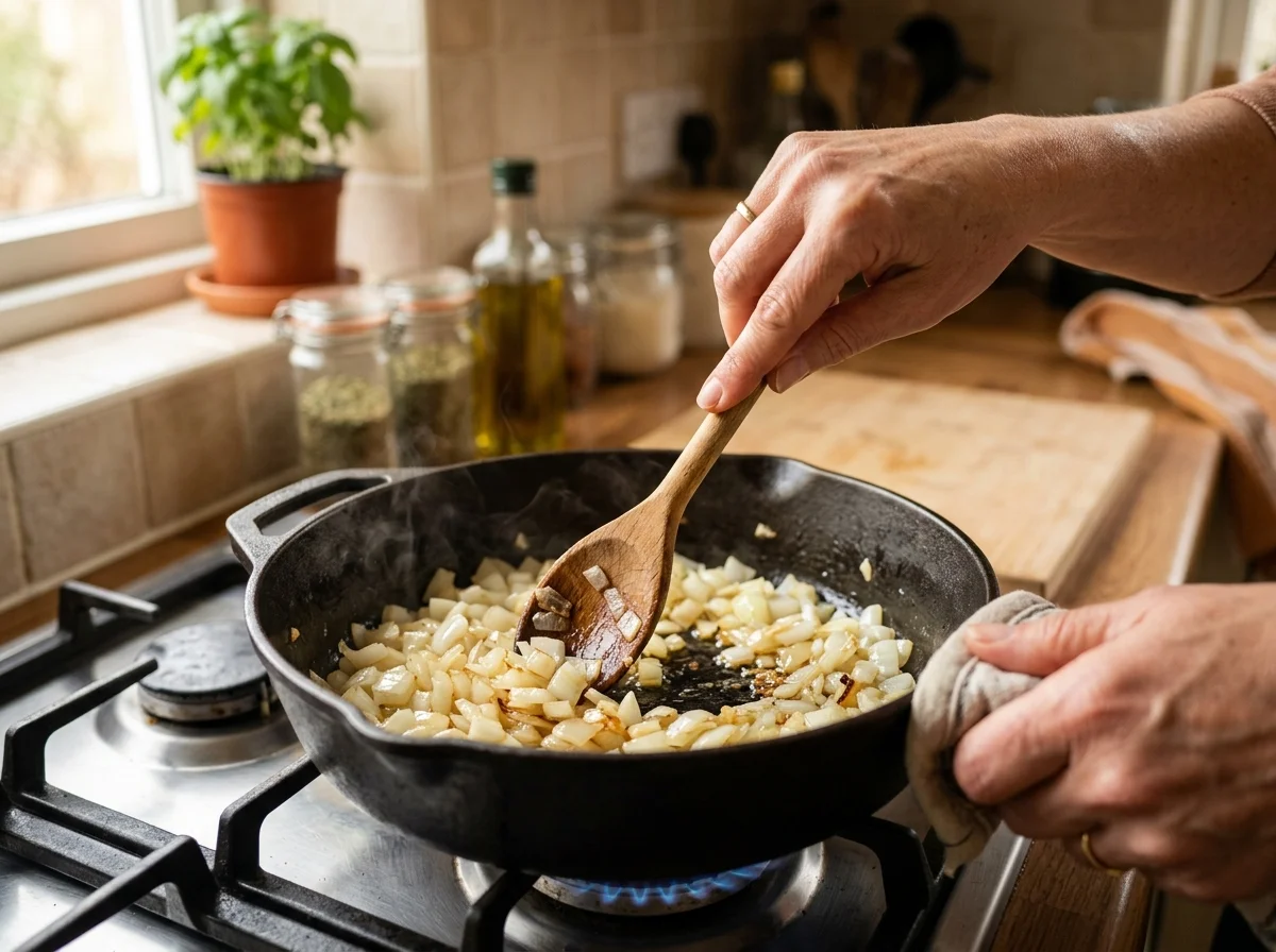 手順1: 鍋にサラダ油を中火で熱し、みじん切りの玉ねぎを透き通るまで5分ほど炒める