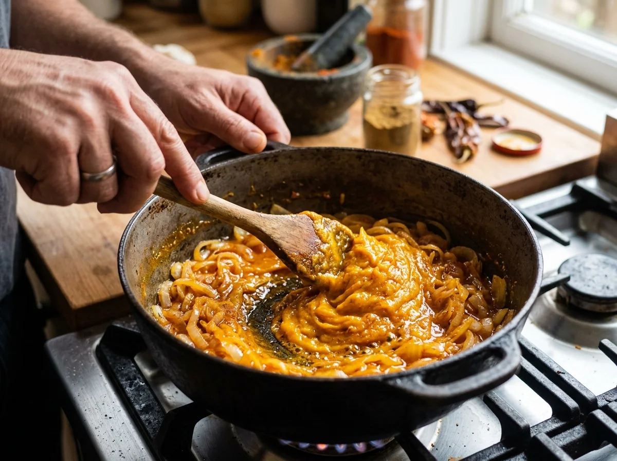 手順2: アヒ・アマリージョペースト、クミン、パプリカ、オレガノを加え、1分ほど炒めて香りを立たせる