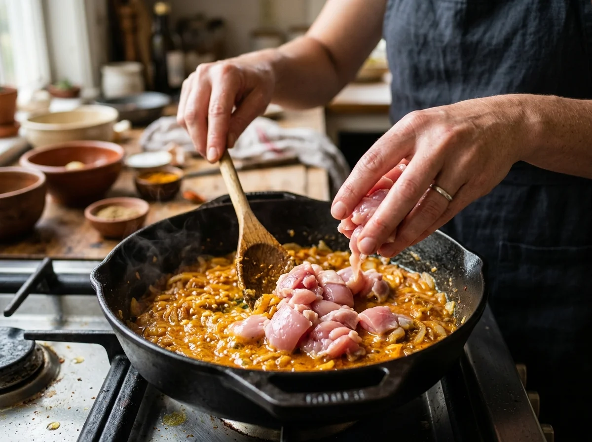 手順3: 鶏もも肉を加え、表面の色が変わるまで3〜4分炒める