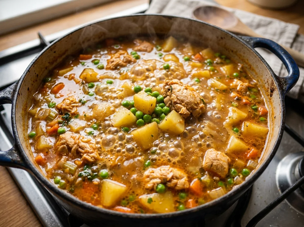 手順4: チキンブロス400mlと砂糖大さじ1を加え、弱火で15分煮込む。下茹でしたジャガイモとグリーンピースを加えてさらに5分煮る