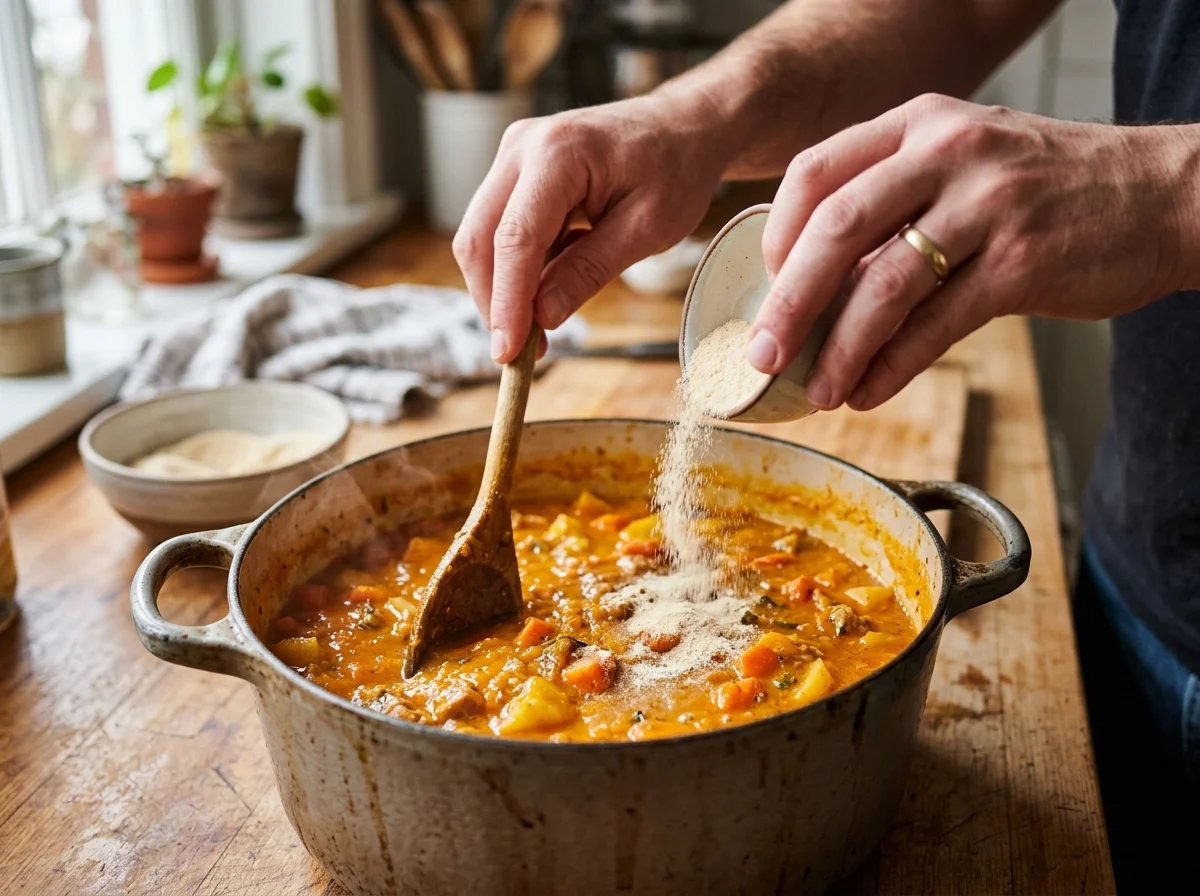 手順5: 火を止め、粉ゼラチン15gを振り入れてよく混ぜ、完全に溶かす。塩で味を調え、バットに移して冷蔵庫で最低4時間(理想は一晩)冷やし固める