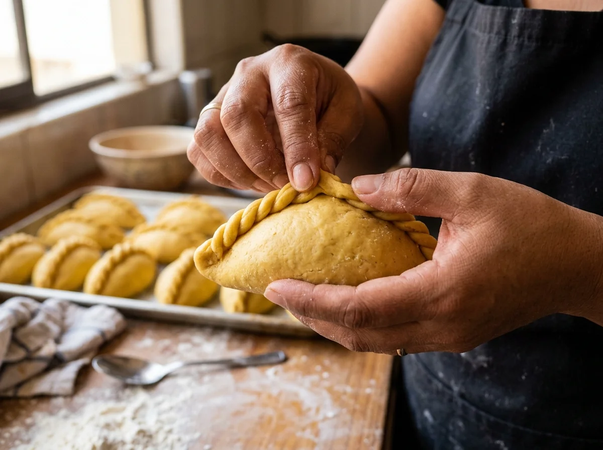 手順11: 生地の縁に水を塗り、片方の端を持ち上げて半月形に閉じる。上部を厚く折り返し、ロープ模様(repulgue / レプルゲ)をつけて密封する