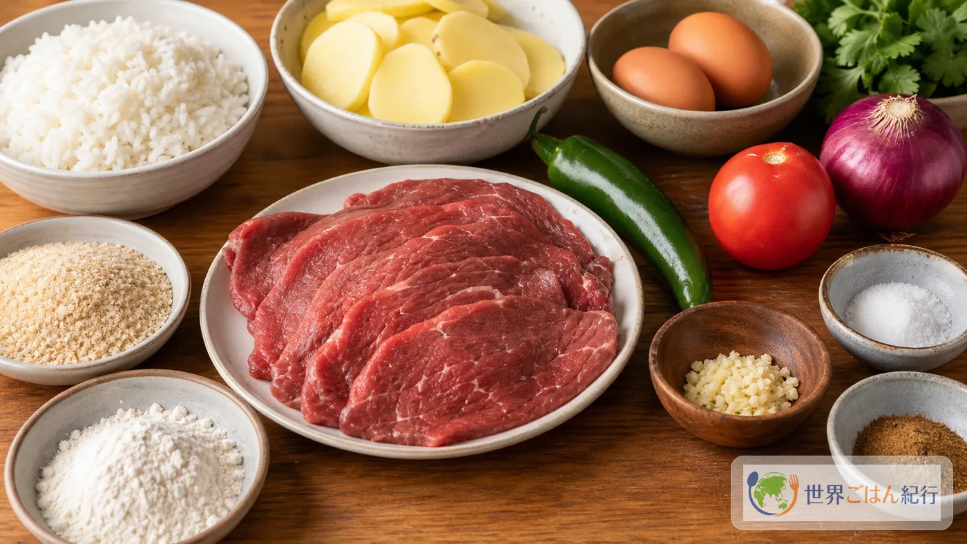 牛もも肉、じゃがいも、卵、トマト、赤玉ねぎ、青唐辛子、パン粉、米を木の台に並べた材料写真