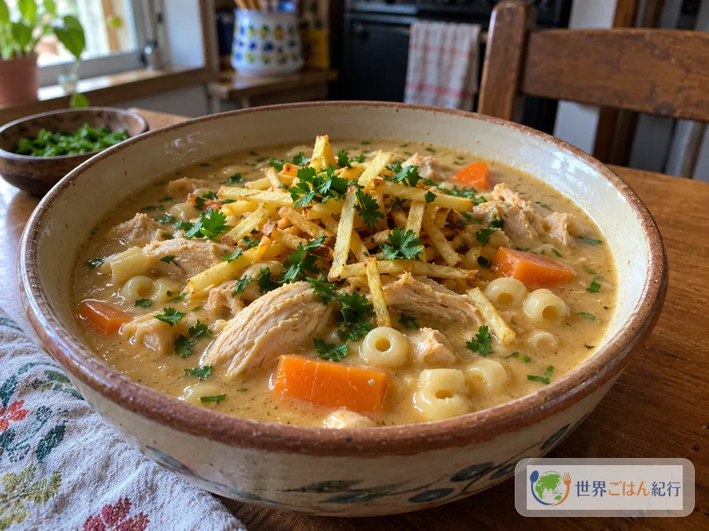 鶏肉とマカロニで作ったソパ・デ・マニのアレンジ
