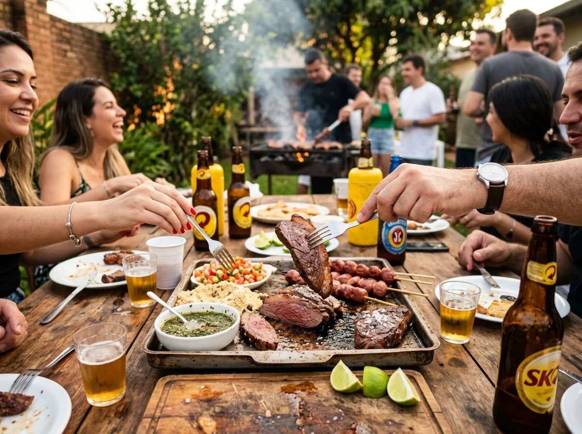 シュラスコパーティーの様子。テーブルに焼いた肉やビールが並ぶ賑やかな雰囲気