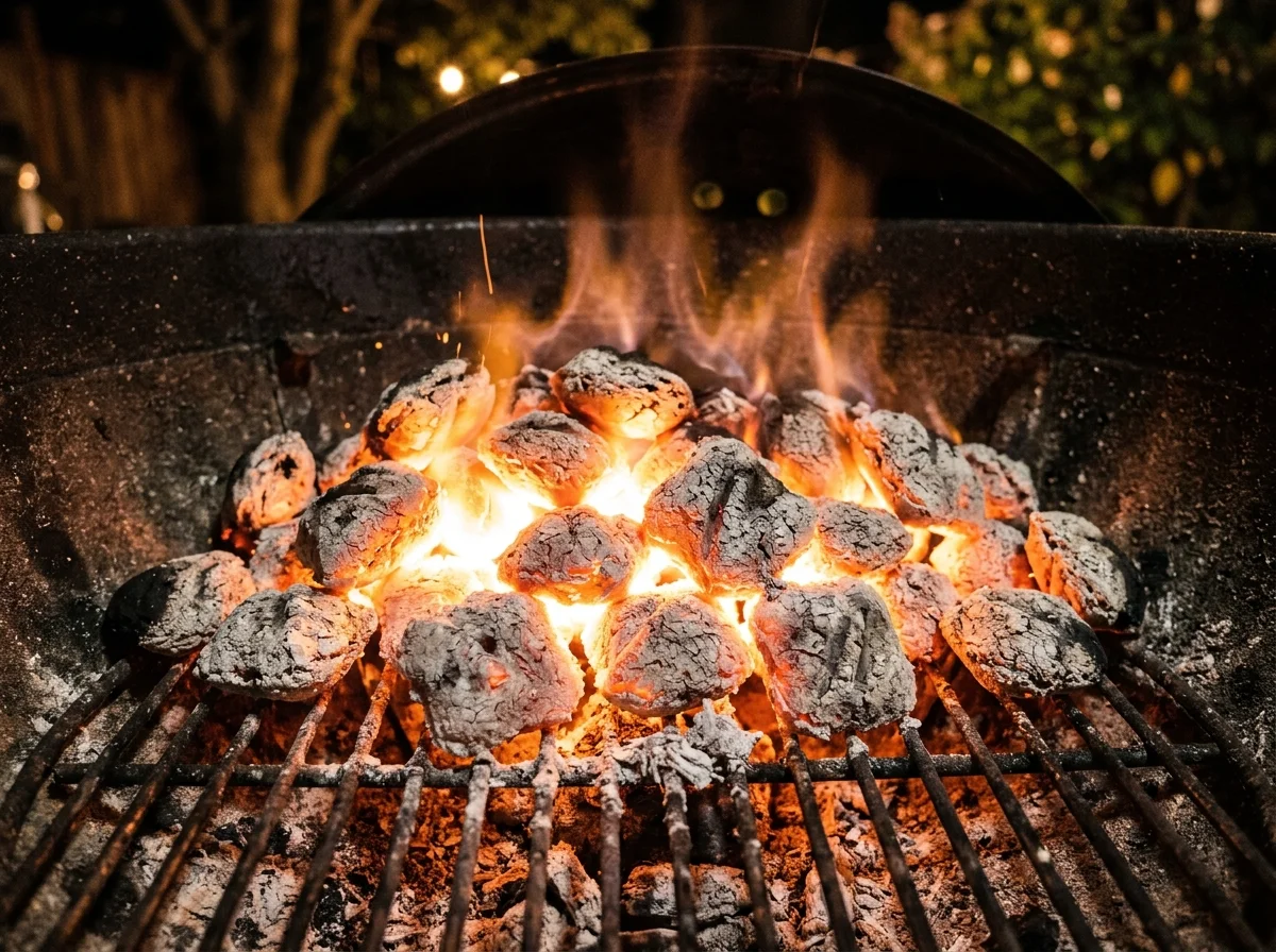 手順4: 炭を起こす: 炭火グリルに炭を入れ、着火剤で火をつけます。炭が白い灰をかぶった状態(約250〜300度C)になるまで20〜30分待つ。手を炭の上10cmにかざして「1、2、3」と数えて熱くて手を引っ込めるくらいが適温です。炭の量は片側に寄せて「強火ゾーン」と「弱火ゾーン」を作ると温度調節がしやすくなります。