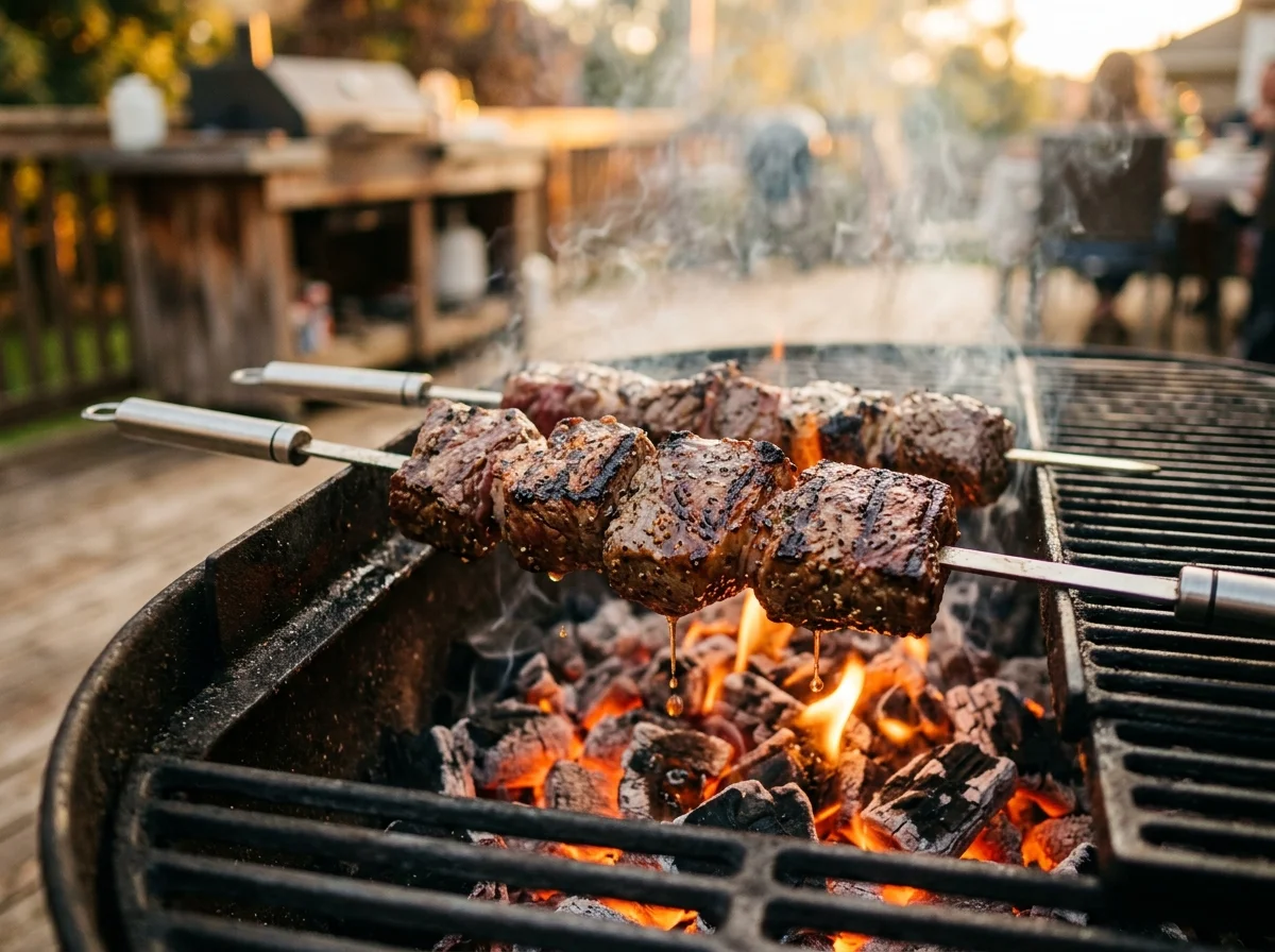 手順6: イチボ肉を焼く(片面8〜10分 × 2回): 強火ゾーンの上方10〜12cmの位置に串を設置します。蓋は閉めないこと。 シュラスコはオープンファイア(直火の輻射熱)で焼くのが鉄則です。脂身側を上にして片面8〜10分焼き、ひっくり返してさらに8〜10分。表面に香ばしい焦げ目(クラスト)ができ、脂がジュージューと音を立てて溶け出していれば成功です。