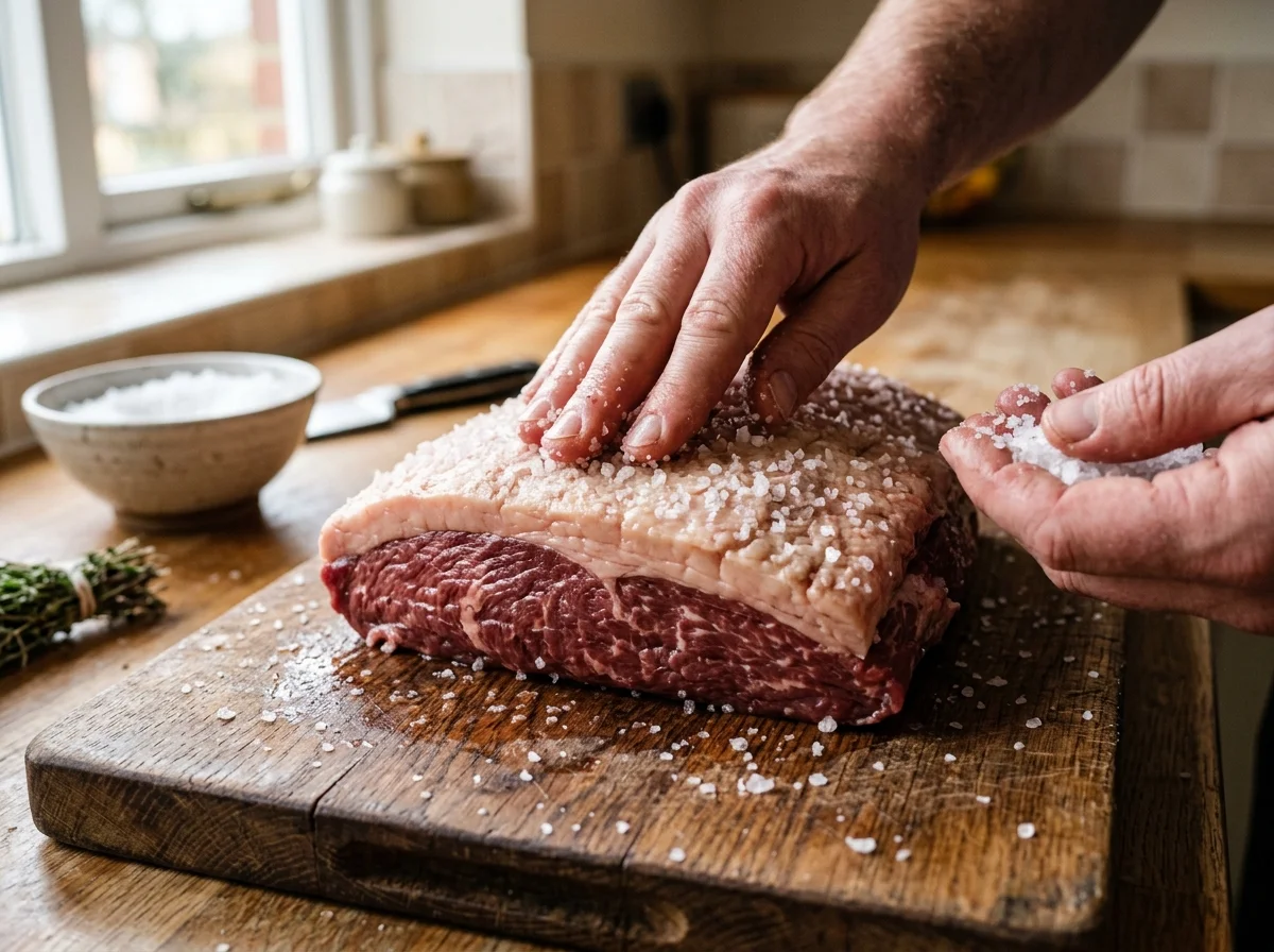 手順1: 肉を室温に戻す(30分前): 冷蔵庫から肉を出して室温に30分おく。冷たいまま焼くと、表面だけ焦げて中が冷たい「コールドセンター」になります。ブラジルのシュハスカリアでは、焼く1時間前に肉を冷蔵庫から出すのが標準です。