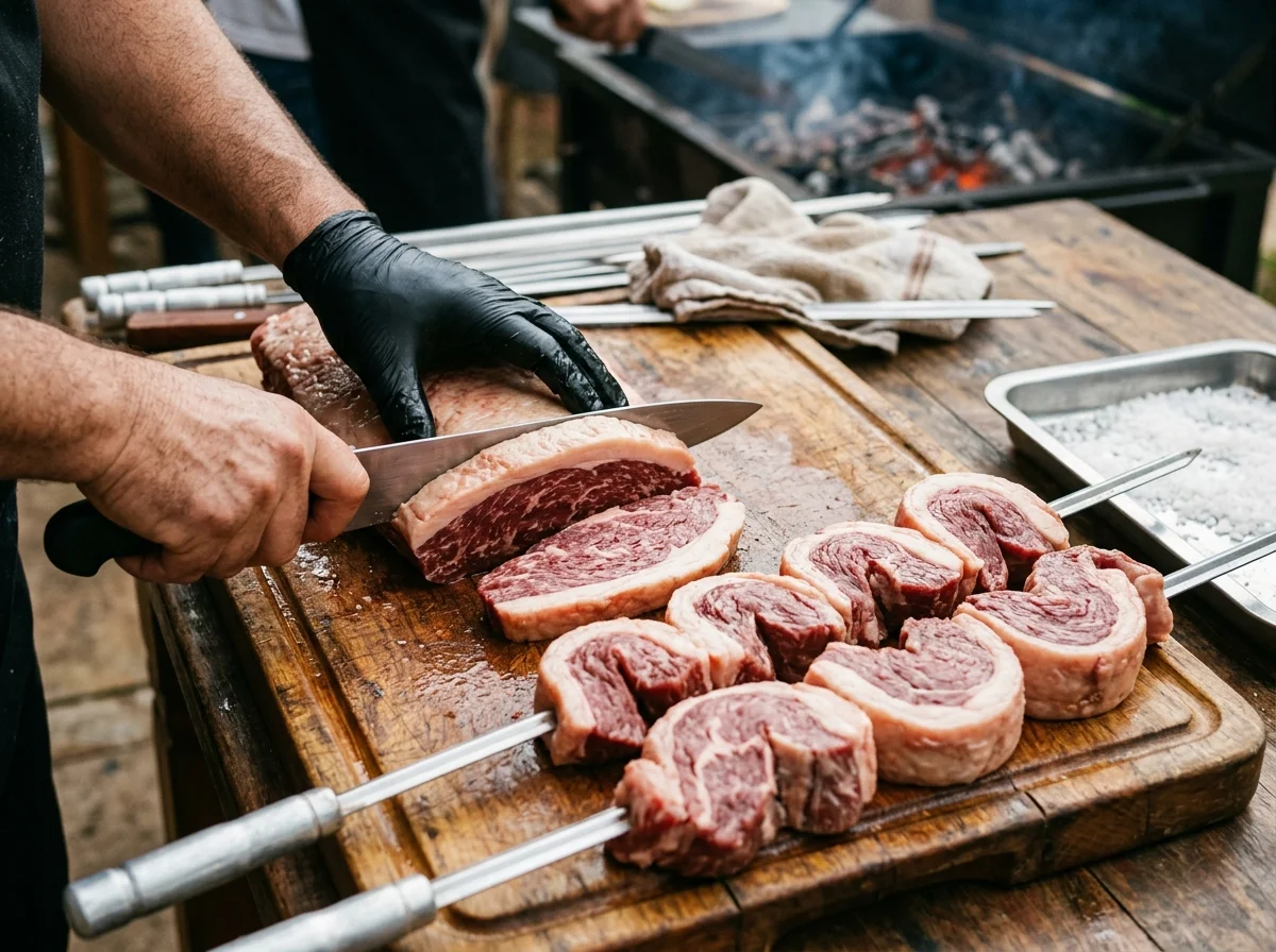 手順2: 肉のカットと串刺し: イチボ肉は脂身の層を残したまま、繊維に沿って厚さ3〜4cmにスライスします。スライスした肉をCの字に曲げて金属串に刺す。脂身が外側(上側)にくるようにすること。ハラミは1枚のまま串に刺します。ソーセージは2本ずつ串に刺します。