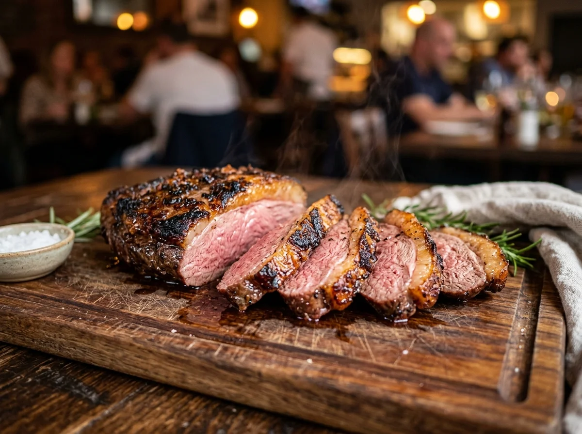 手順7: 外側をスライスして提供(繰り返し焼き): 焼けた外側の層を薄くスライスして皿に盛ります。これが「ホジージオ」スタイルの核心で、焼けた部分だけを切り取って提供し、残りの生の部分を再び火に戻して焼き続けます。1つの肉塊から3〜4回にわたって切り出すことで、常に焼きたてのジューシーな肉を食べ続けられます。