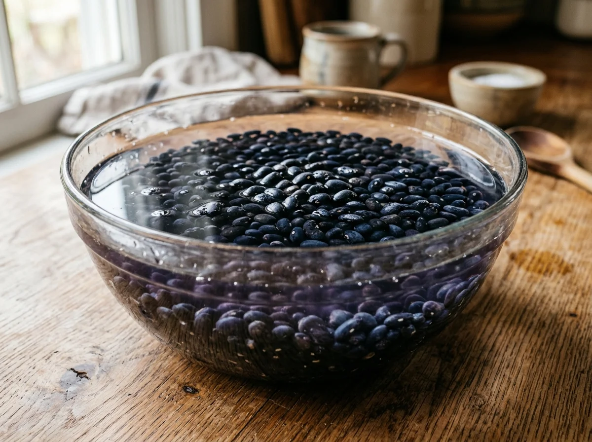 手順1: 黒豆の浸水（8〜12時間）: 黒豆250gをボウルに入れ、豆の3倍量の水（750ml以上）に浸ける。常温または冷蔵庫で一晩おく。豆が水を吸って約2倍の大きさに膨らめば成功。浸水中に水面に浮く豆があれば取り除く（中が空洞の不良品）。