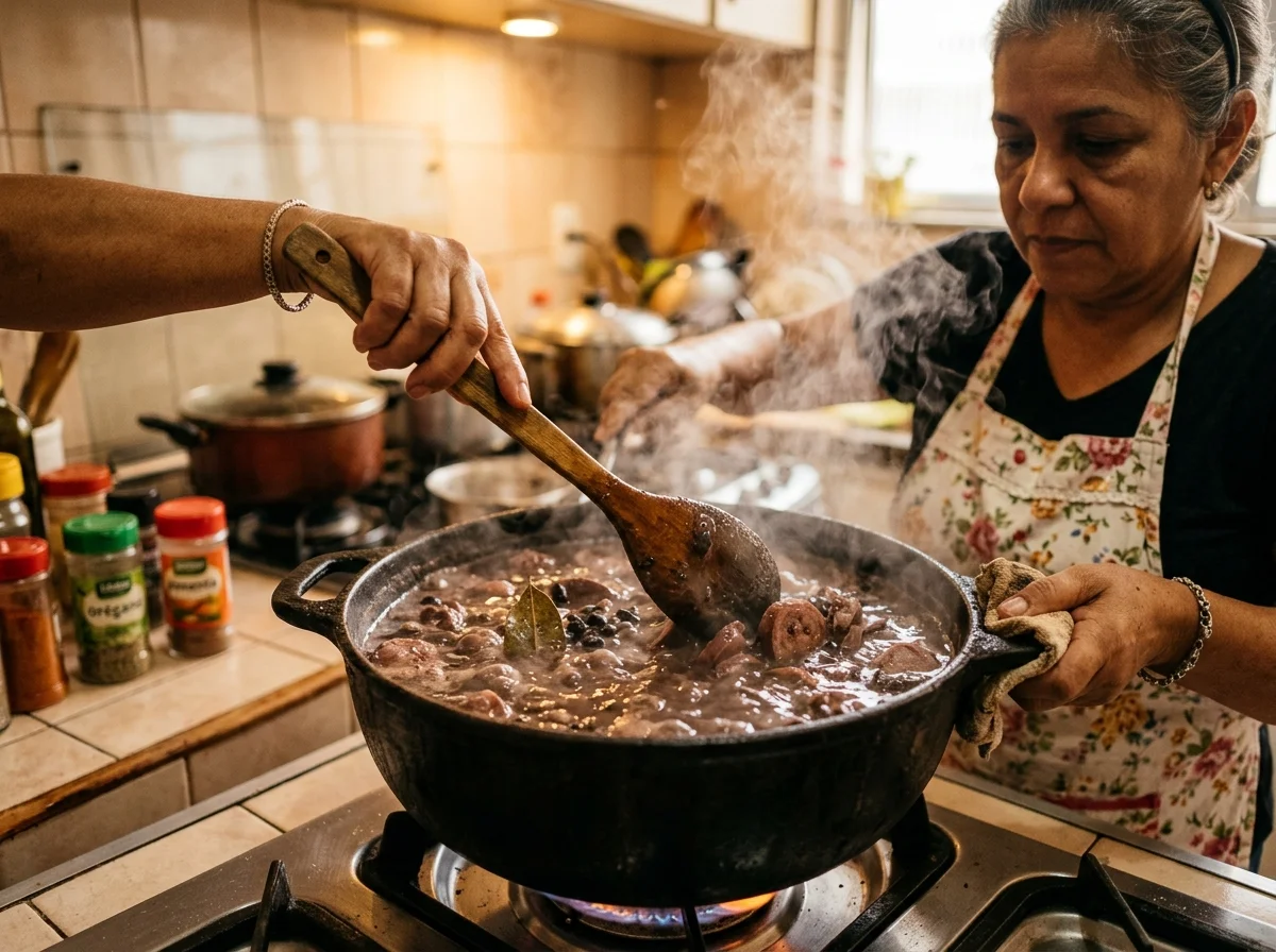 手順5: じっくり煮込む（2〜2.5時間）: 弱〜中弱火を保ち、豆が完全に柔らかくなるまで煮込む。30分ごとに水位を確認し、豆が水面から出そうなら水をカップ1杯ずつ足す。「形は保ちながらも指で潰れる」程度が合格ライン。木べらでかき混ぜる際に、鍋底にくっつかないよう注意する。
