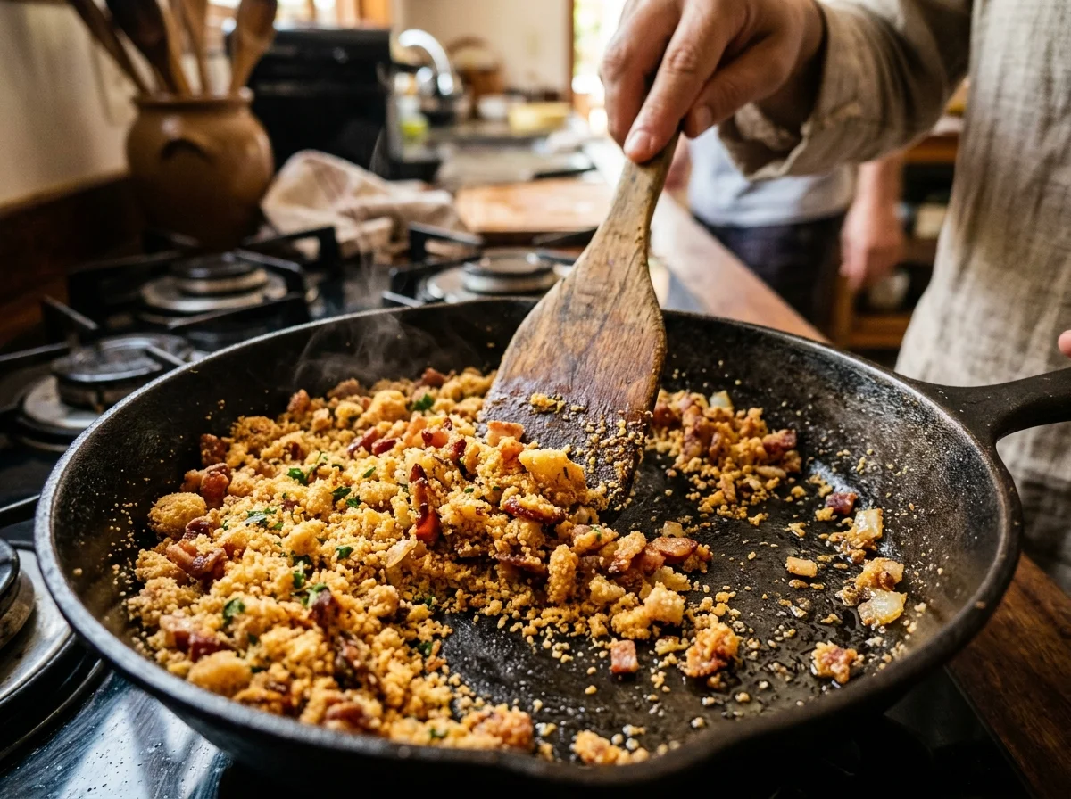 手順8: ファロファを作る（並行して10分）: フライパンでベーコン（5mm角みじん切り）をカリカリになるまで中火で4〜5分炒める。バター大さじ2を加えて溶かし、玉ねぎのみじん切りを加えて2分炒める。パン粉を一気に加え、中火で10〜12分かき混ぜ続ける。パン粉が薄茶色になり、サクサクの食感になれば完成。塩ひとつまみで調味する。