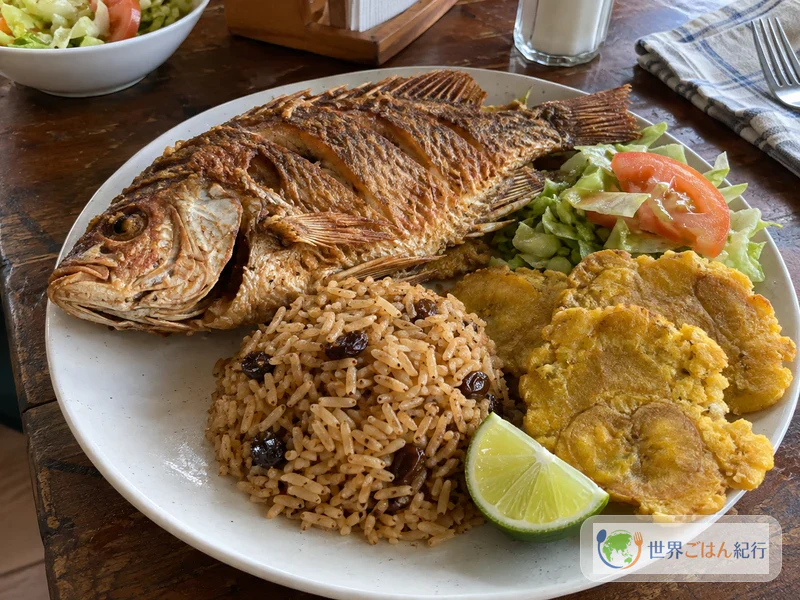 揚げ魚、揚げたプランテン、サラダとともに盛り付けたアロス・コン・ココ