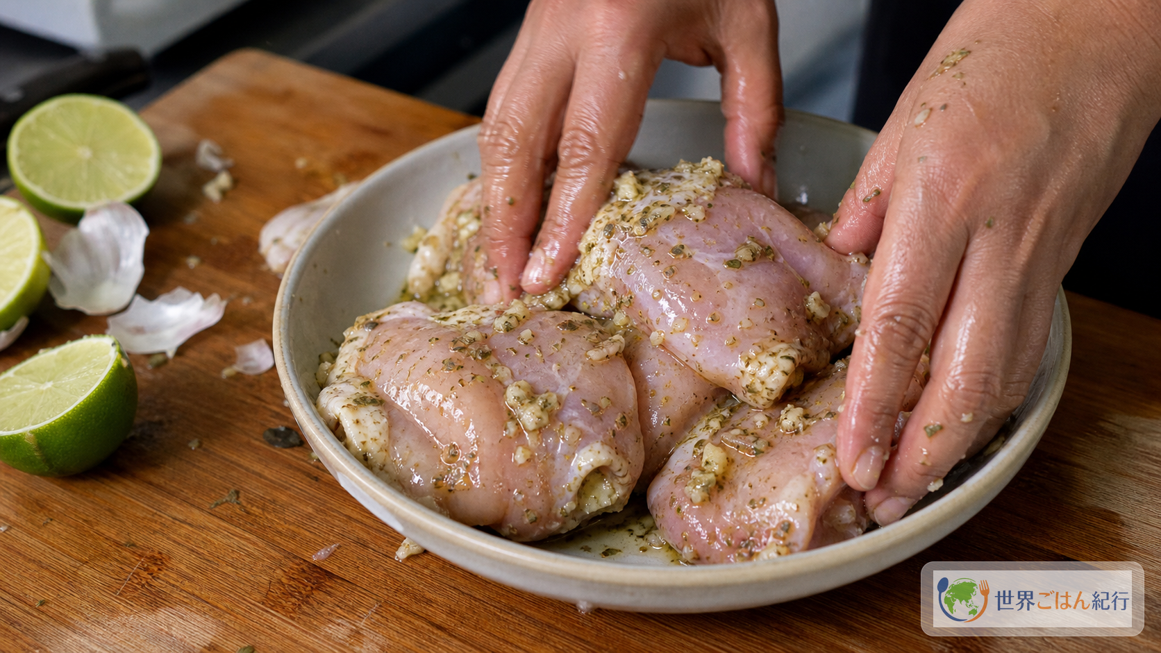 手順2: 鶏肉に柑橘とにんにくを入れる