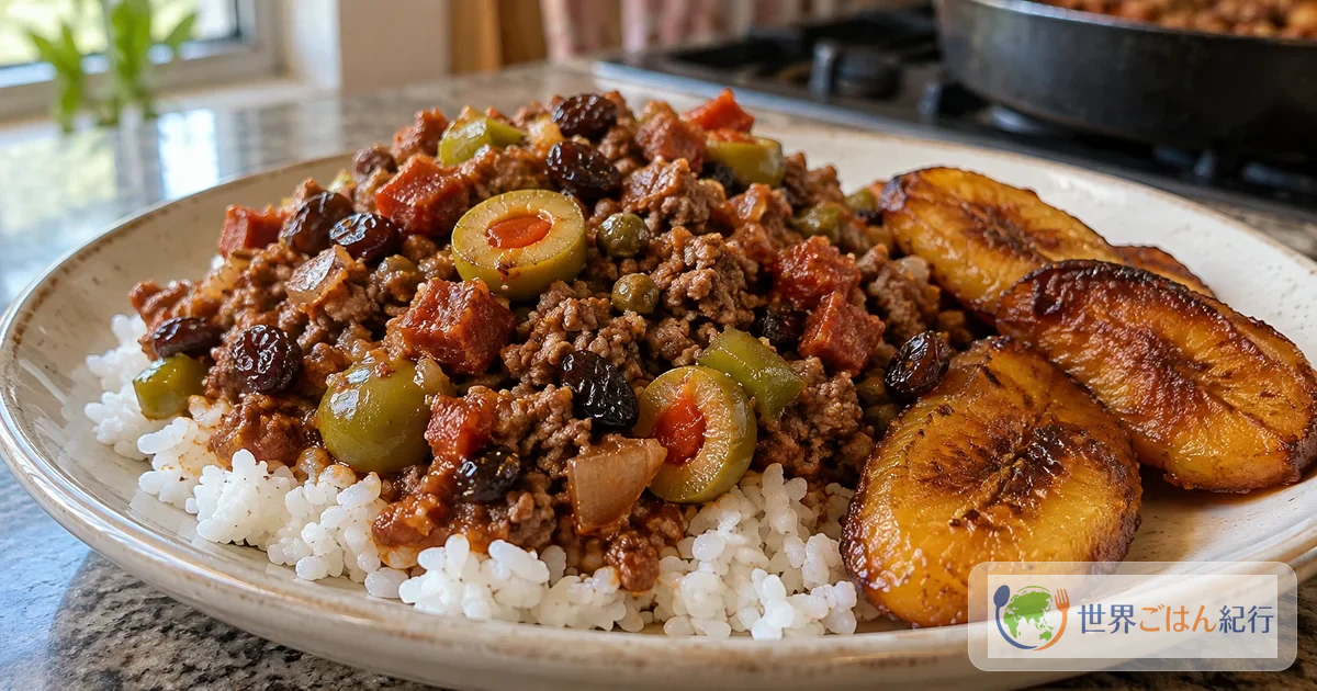 白いごはんと焼いたプランテンを添えたキューバのひき肉煮込みピカディージョ