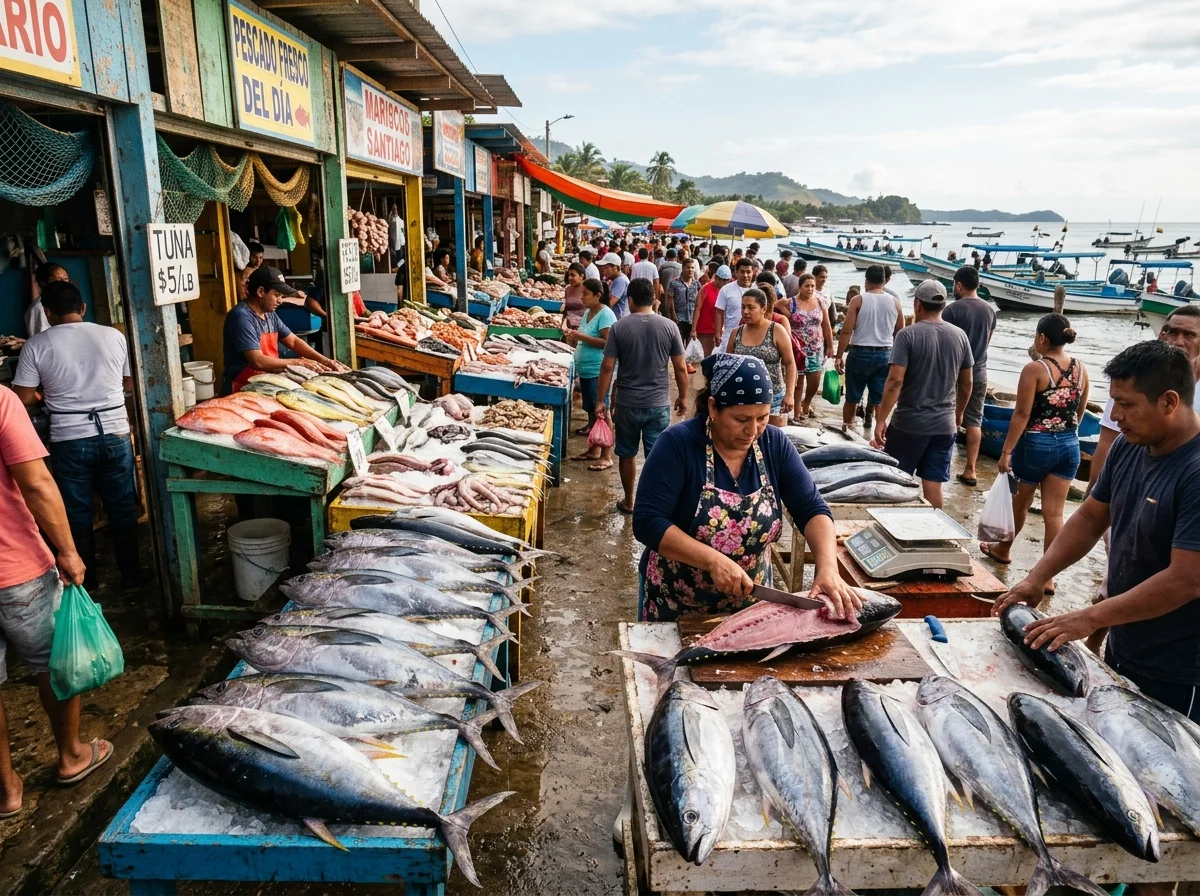 エクアドルの海岸沿いの市場でエンセボジャードを提供する屋台