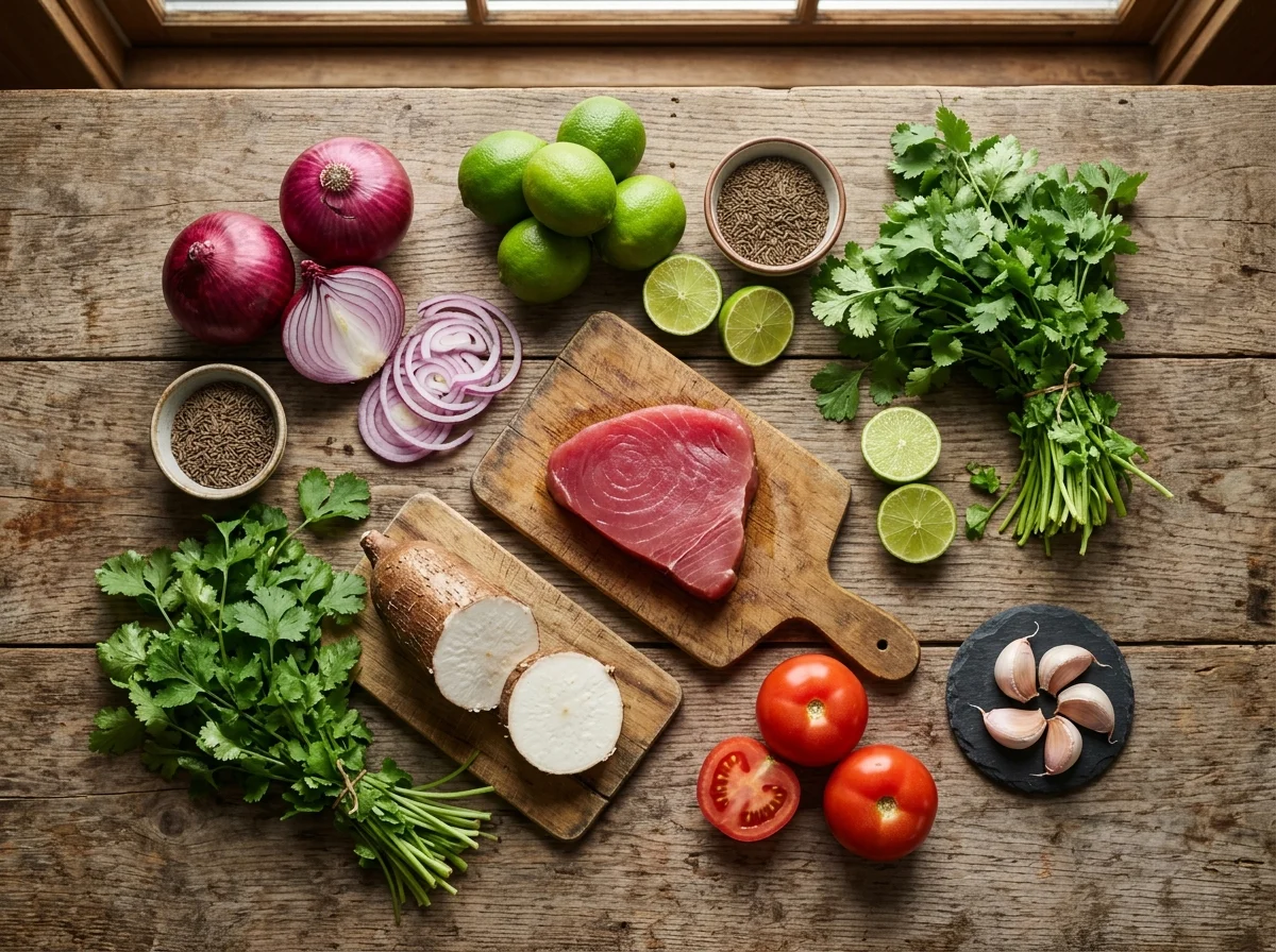 エンセボジャードの材料。マグロのサク、ユカ芋、紫玉ねぎ、ライム、クミン、パクチー