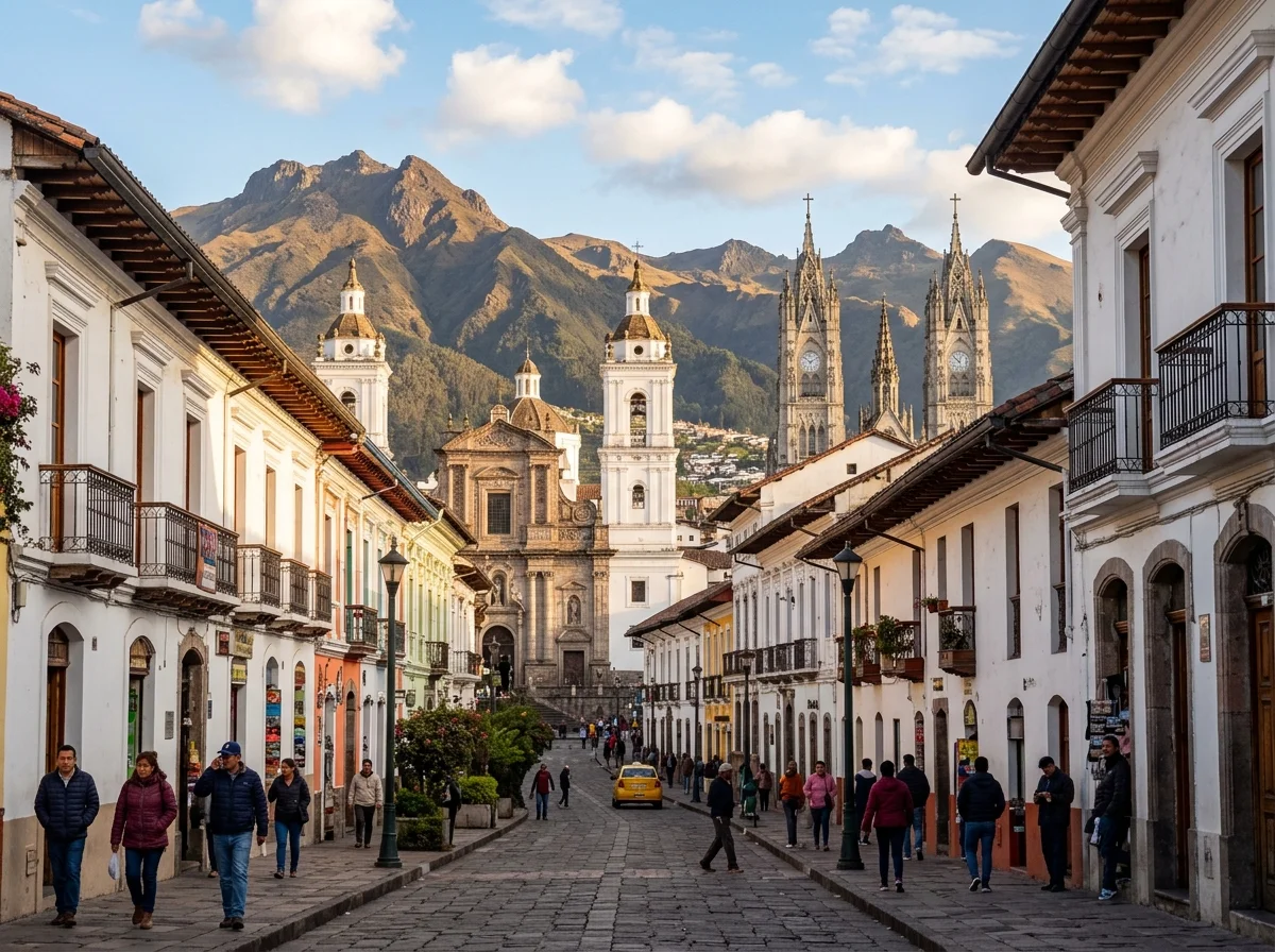 エクアドルのアンデス山脈とキトの旧市街の風景