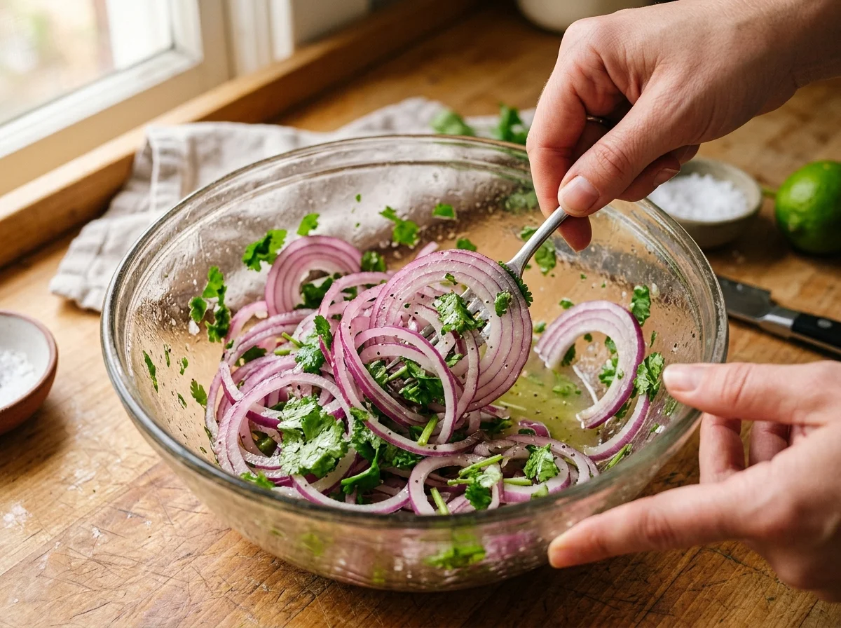 手順1: カーテイド（紫玉ねぎの酢漬け）を作る（5分＋漬け込み30分）