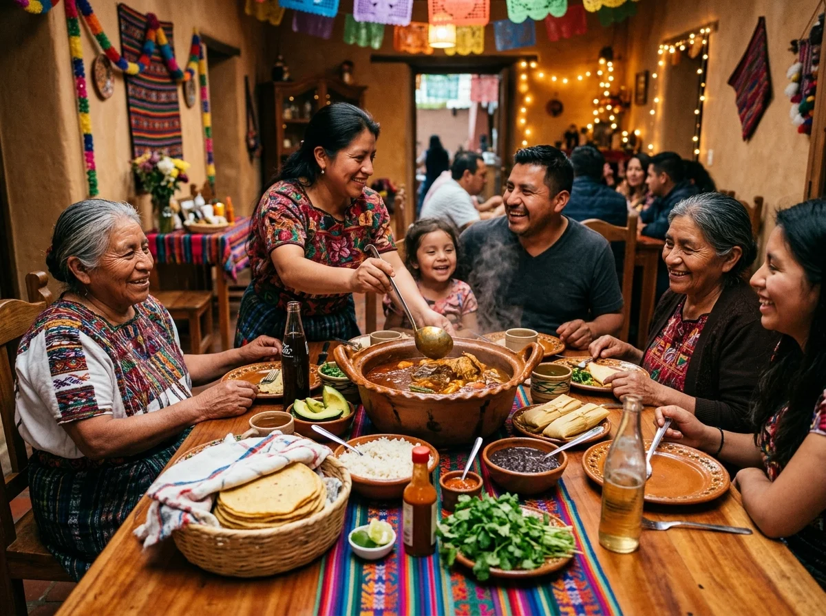 グアテマラの祝祭の食卓にペピアンが並んでいる