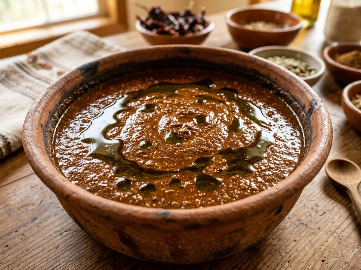 ペピアンのソースの断面。滑らかな赤褐色のソース