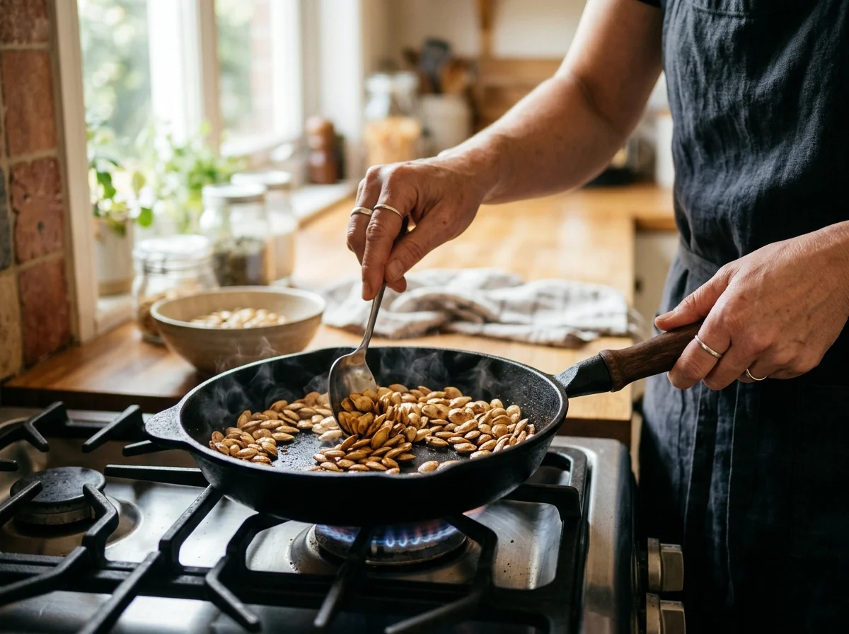 ペピアンの材料。かぼちゃの種、ごま、乾燥唐辛子、トマト、スパイスが並ぶ