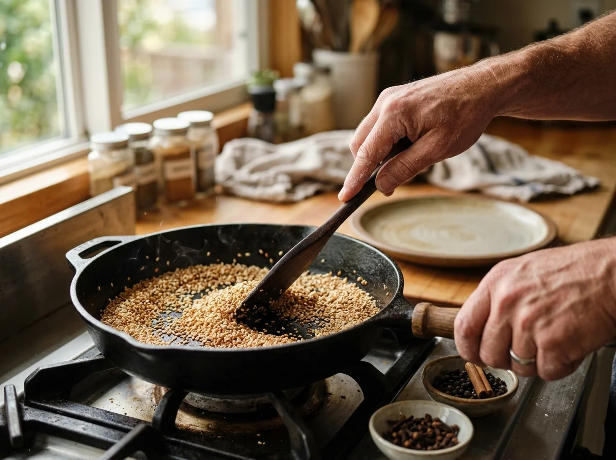手順1: フライパンを中火で熱し、かぼちゃの種を乾煎りする。ぷっくりと膨らんで香ばしい匂いがしてきたら取り出す（約3分）