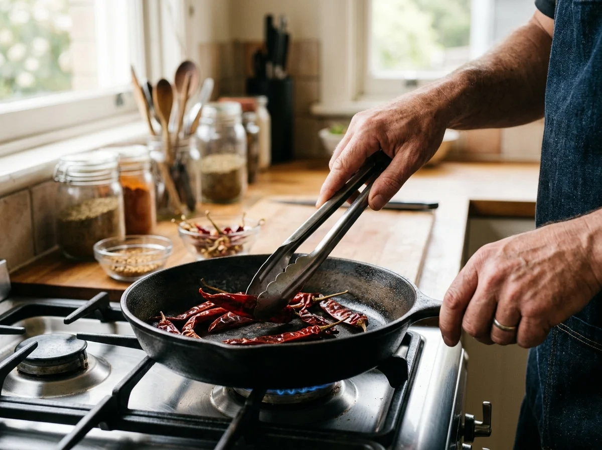 手順2: 同じフライパンで白ごまを乾煎りする。きつね色になったら取り出す（約2分）。続けてシナモン、クローブ、黒こしょうも30秒ほど乾煎りして取り出す