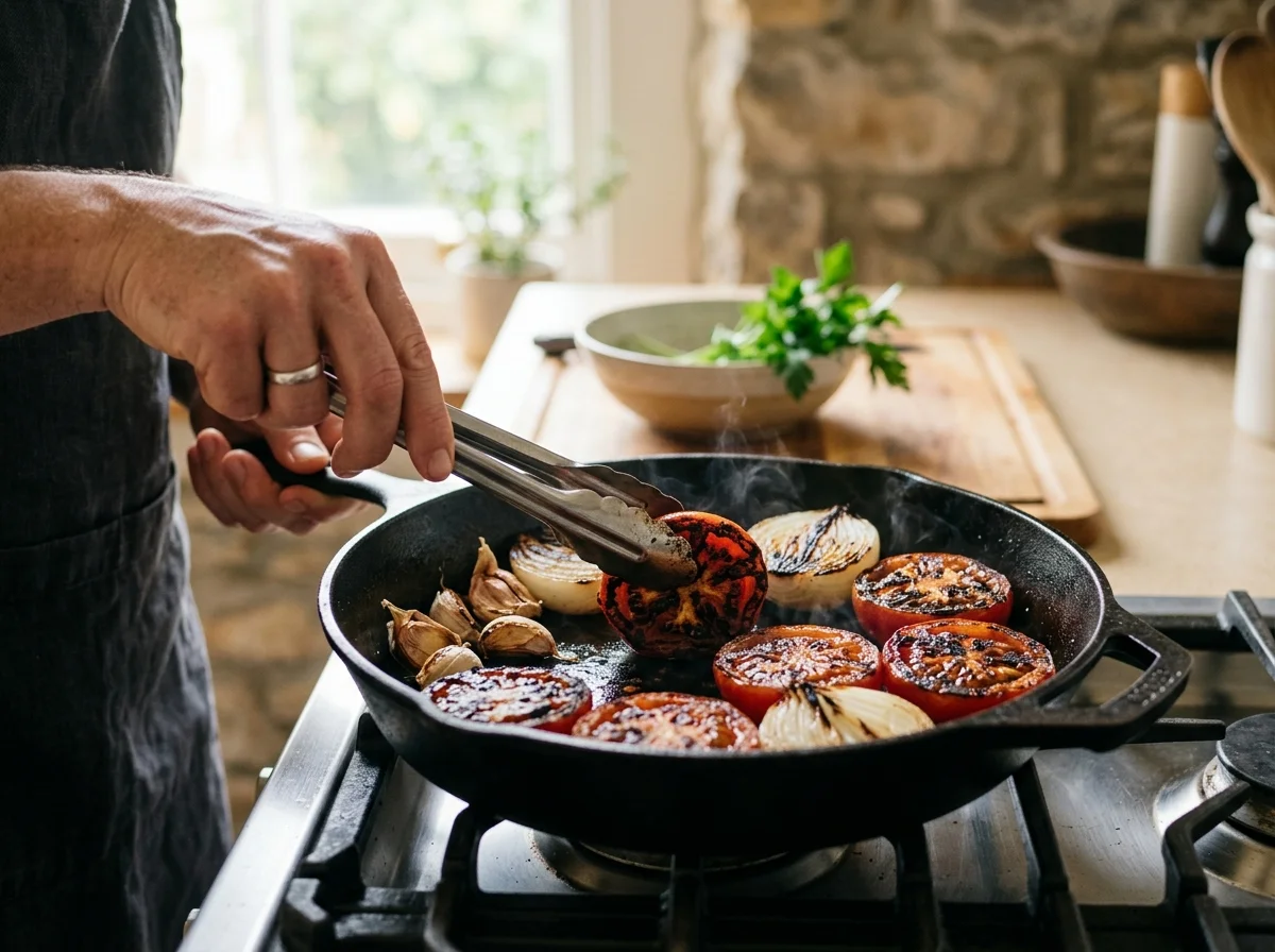 手順3: 乾燥唐辛子のヘタと種を取り除き、フライパンで両面を30秒ずつ焼く。焼けたら水に10分浸けて柔らかくする